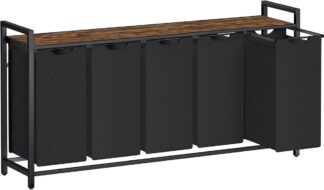 Wasmand / wasmeubel XXL - 5 Compartimenten Wasmand met Plank - breedte 143.5 cm - metalen Frame met hout - Zwart Vintage Bruin - BLH501B01