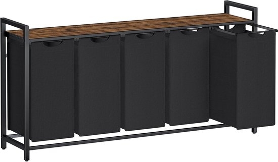 Wasmand / wasmeubel XXL - 5 Compartimenten Wasmand met Plank - breedte 143.5 cm - metalen Frame met hout - Zwart Vintage Bruin - BLH501B01 - Afbeelding 2