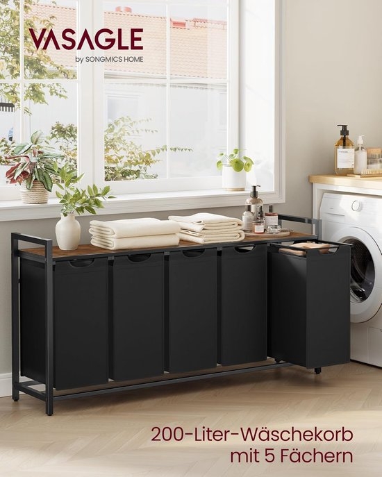 Wasmand / wasmeubel XXL - 5 Compartimenten Wasmand met Plank - breedte 143.5 cm - metalen Frame met hout - Zwart Vintage Bruin - BLH501B01 - Afbeelding 3