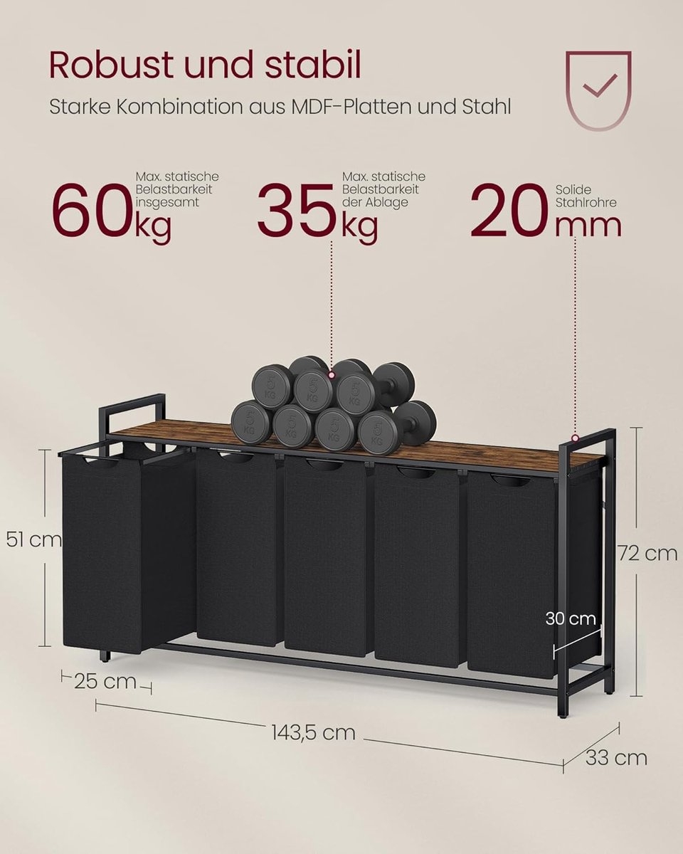 Wasmand / wasmeubel XXL - 5 Compartimenten Wasmand met Plank - breedte 143.5 cm - metalen Frame met hout - Zwart Vintage Bruin - BLH501B01 - Afbeelding 6