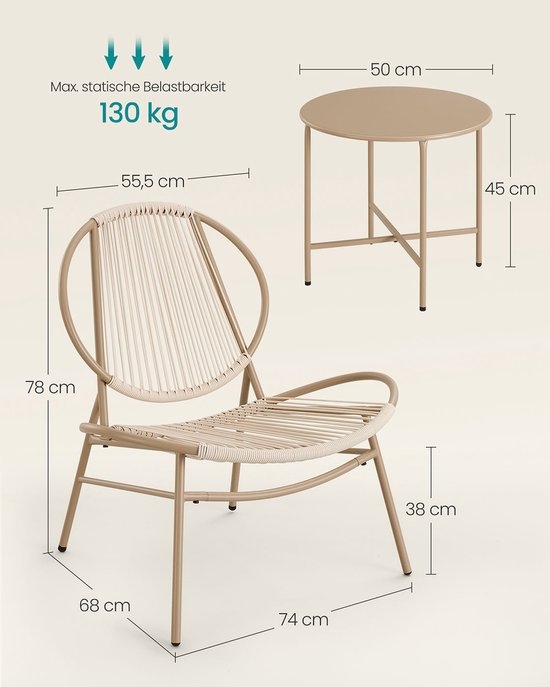 Tuinset voor balkon - bistroset - 3-delig - 2 tuinstoelen en tafel – polyrattan – bruin - GGF021K - Afbeelding 2