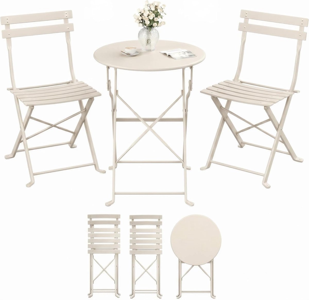 Balkonset - tuinset voor balkon en tuin - 3-delig - opvouwbaar - 1 tafel met 2 stoelen - terrasmeubelen- metaal - cappuccino beige - GGF036LZ