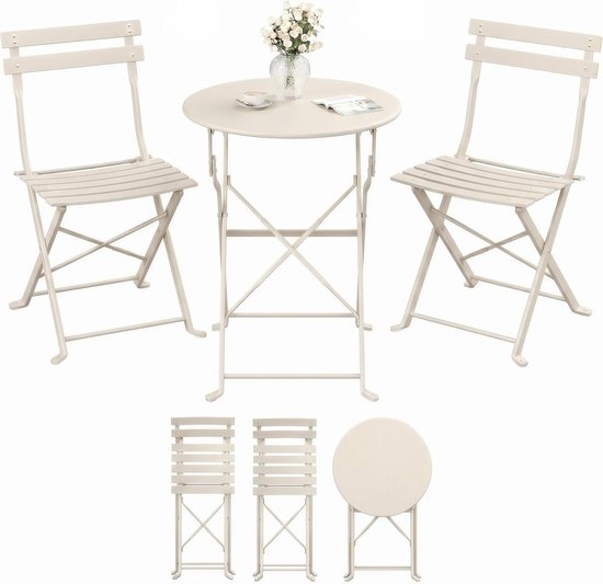 Balkonset - tuinset voor balkon en tuin - 3-delig - opvouwbaar - 1 tafel met 2 stoelen - terrasmeubelen- metaal - cappuccino beige - GGF036LZ - Afbeelding 2