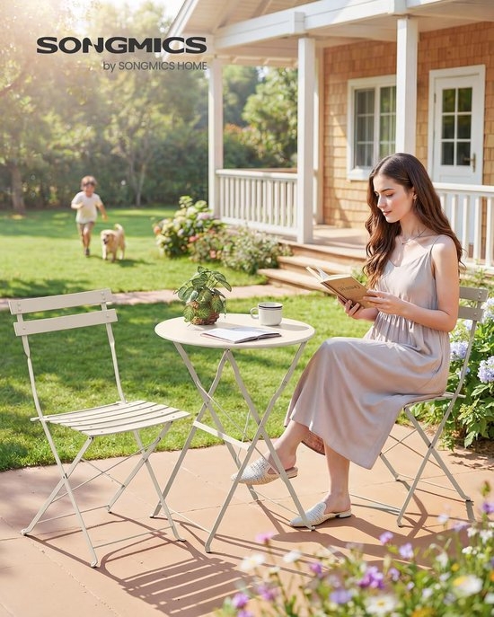 Balkonset - tuinset voor balkon en tuin - 3-delig - opvouwbaar - 1 tafel met 2 stoelen - terrasmeubelen- metaal - cappuccino beige - GGF036LZ - Afbeelding 3