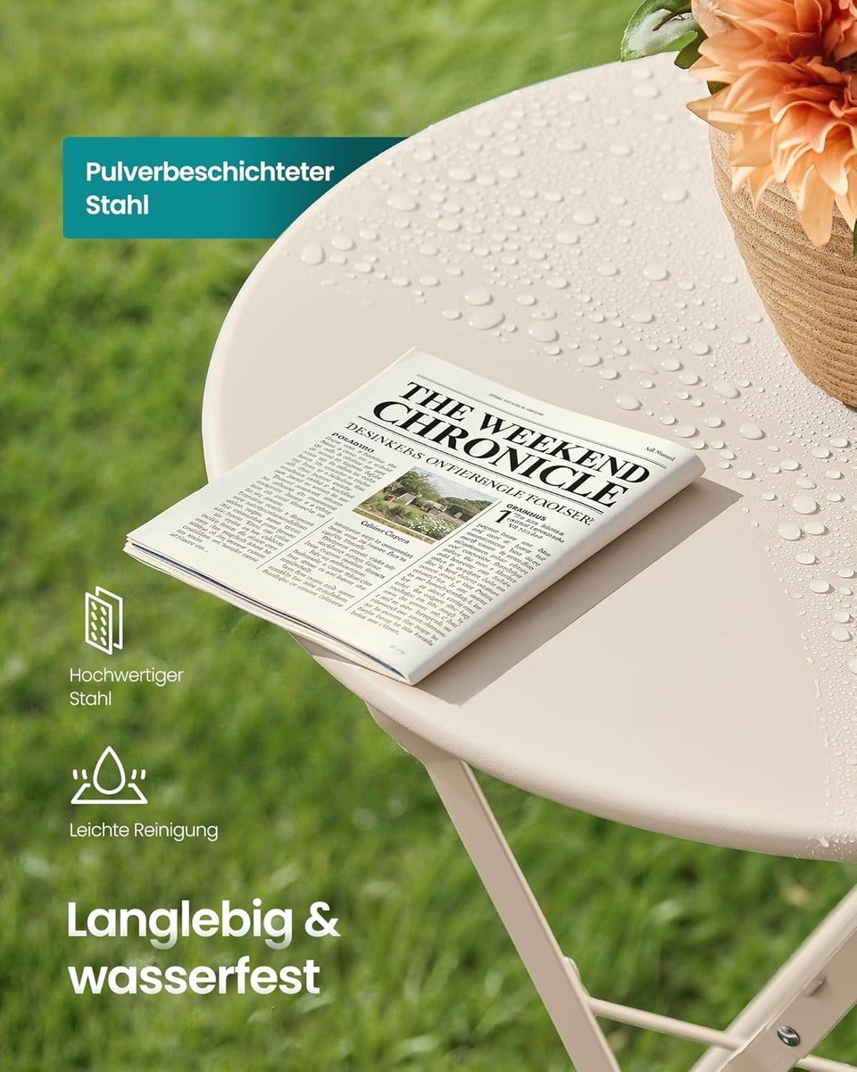 Balkonset - tuinset voor balkon en tuin - 3-delig - opvouwbaar - 1 tafel met 2 stoelen - terrasmeubelen- metaal - cappuccino beige - GGF036LZ - Afbeelding 4