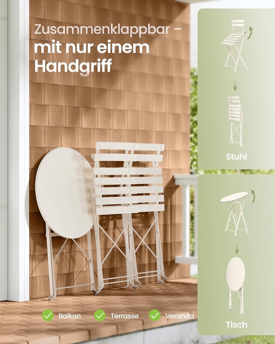 Balkonset - tuinset voor balkon en tuin - 3-delig - opvouwbaar - 1 tafel met 2 stoelen - terrasmeubelen- metaal - cappuccino beige - GGF036LZ - Afbeelding 5