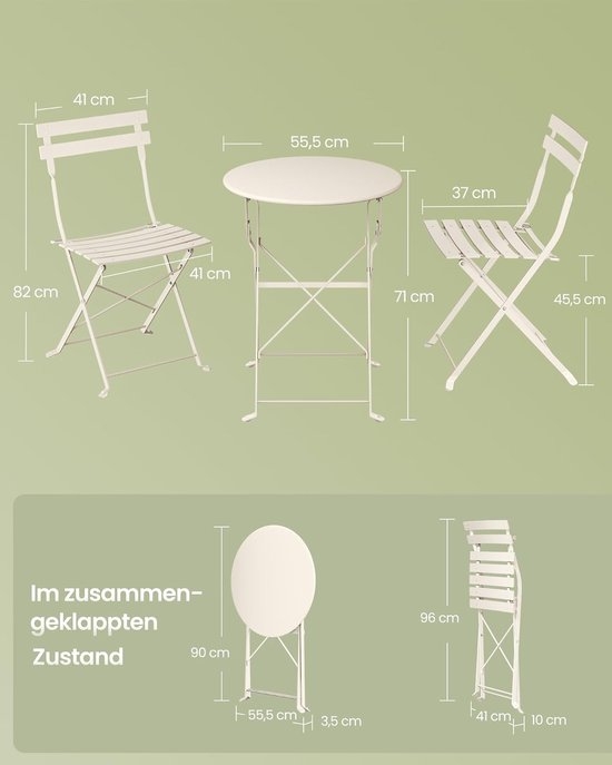 Balkonset - tuinset voor balkon en tuin - 3-delig - opvouwbaar - 1 tafel met 2 stoelen - terrasmeubelen- metaal - cappuccino beige - GGF036LZ - Afbeelding 8
