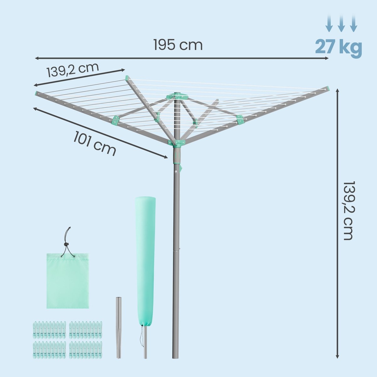 Droogmolen - 45 meter Waslijn - ruimte voor 4 Wasbeurten tegelijk - LLR306EZ - Afbeelding 2