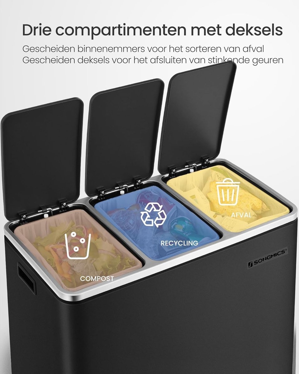 prullenbak - pedaalemmer - 62x32x56 cm - afvalbak 54 liter (3x18L) - zwart - LTB54BK - Afbeelding 7