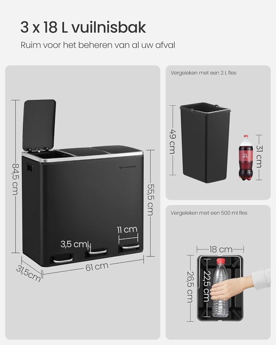 prullenbak - pedaalemmer - 62x32x56 cm - afvalbak 54 liter (3x18L) - zwart - LTB54BK - Afbeelding 3