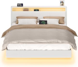 Tweepersoonsbed - 140x200cm - zwevend bed - LED-verlichting - met hoofdbord - inclusief usb lader - wit - RMB864W