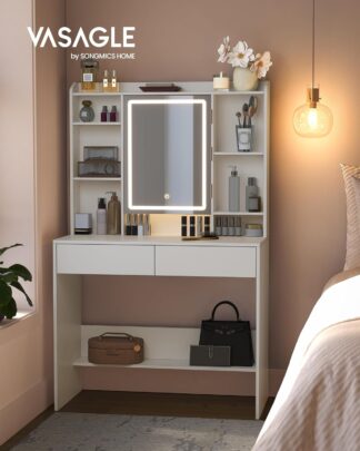 Kaptafel met LED spiegel - 90x145 cm - cosmeticatafel met laden - wit - RDT123WB01