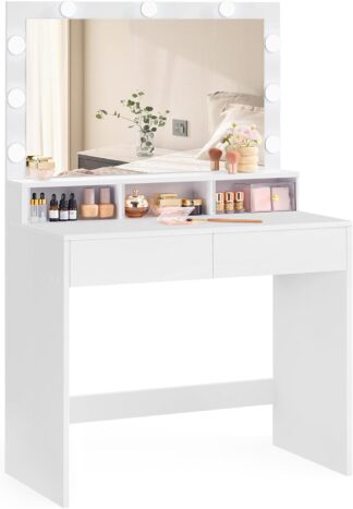 Kaptafel met hollywoodspiegel - 80x140 cm - cosmeticatafel met laden - wit - RDT120T10
