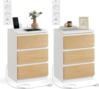 Vasagle - 2x nachtkastje - wit en bruin - 3 laden - 2 AC-stopcontacten en 2 USB-poorten - set van 2 stuks - LET831Y01