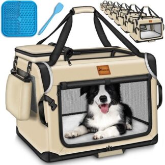 hondentransportbox / reisbench - inclusief likmat en spatel - 50 x 34 x 34 cm, transportbox voor honden en katten - beige
