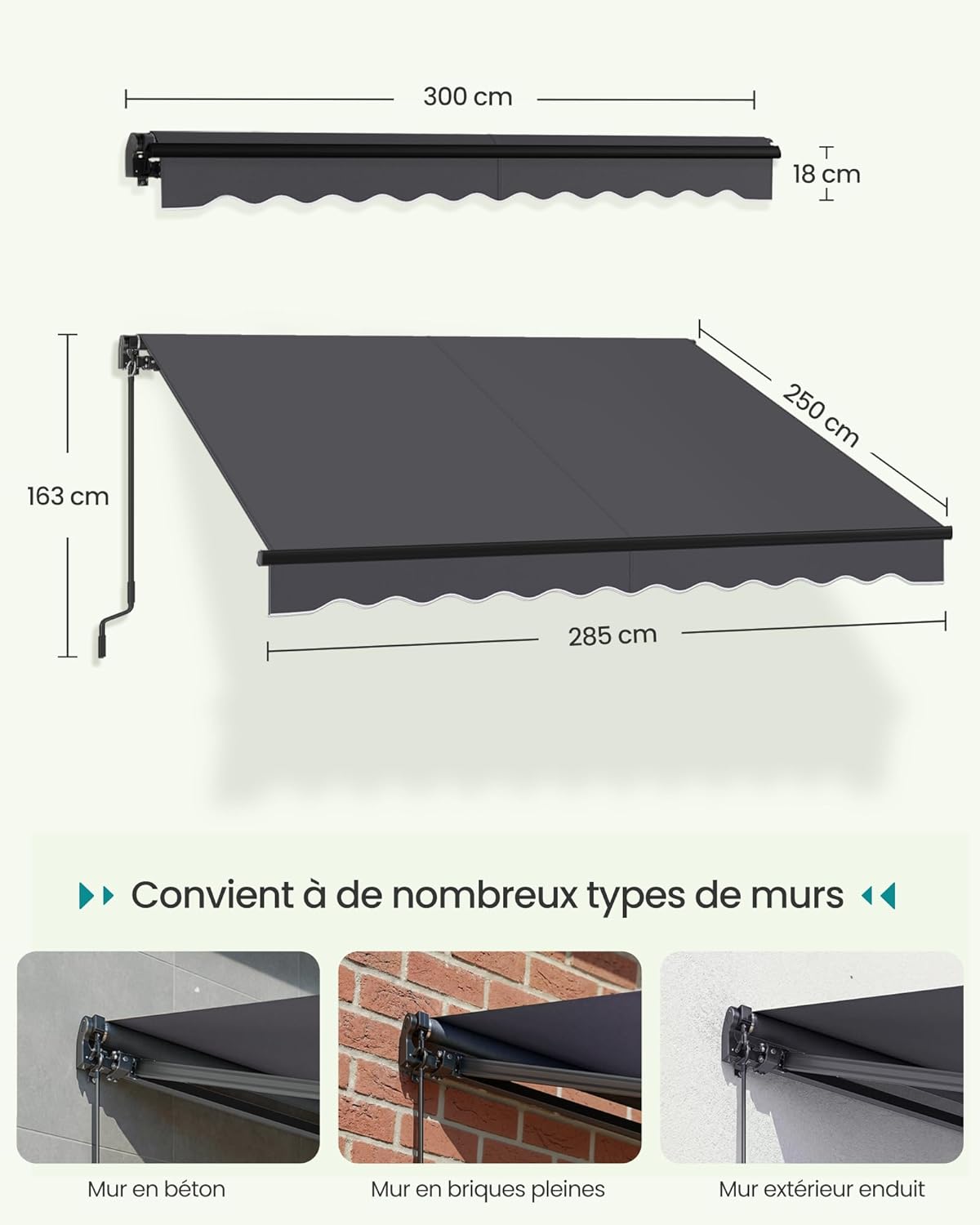 Zonnescherm - luifel - 300x250 cm knikarmscherm - antraciet grijs - GSA306GZ0 - Afbeelding 3