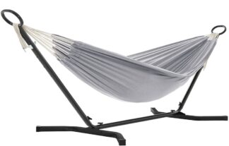 Hangmat met frame - hangmatstandaard met hangmat voor 2 personen - 210 x 150 cm - verstelbaar in hoogte - metalen frame - belastbaar tot 240 kg - zwart met grijze hangmat - GHS001G