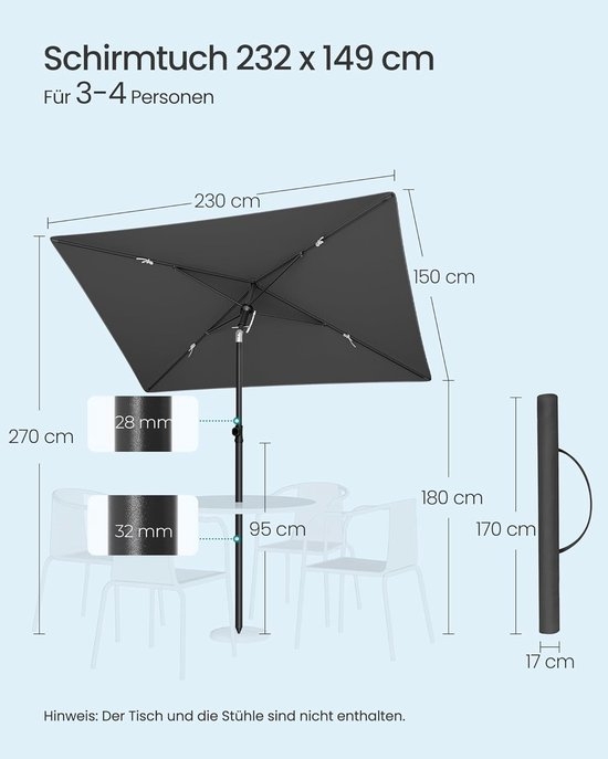 Balkonparasol - maat 232 x 149 cm - staande parasol - rechthoekig - UPF 50+ zonbescherming - kantelbaar - grijs - GPU043GZ - Afbeelding 6