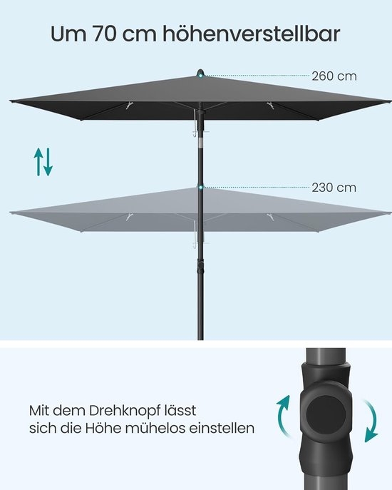 Balkonparasol - maat 232 x 149 cm - staande parasol - rechthoekig - UPF 50+ zonbescherming - kantelbaar - grijs - GPU043GZ - Afbeelding 8