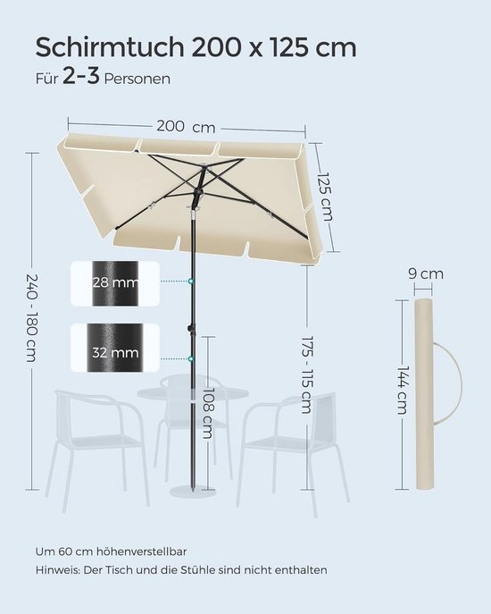 Balkonparasol - rechthoekige parasol - 200x125 - kantelbaar - beige -GPU025M - Afbeelding 7