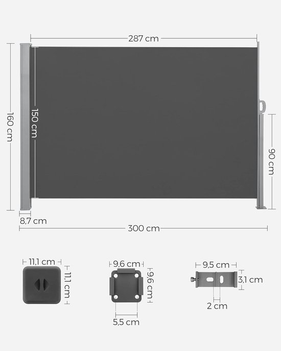 Zijluifel - uittrekbaar 160 x 300 cm - privacyscherm - zonwering horizontaal - antraciet - GSA160T - Afbeelding 2