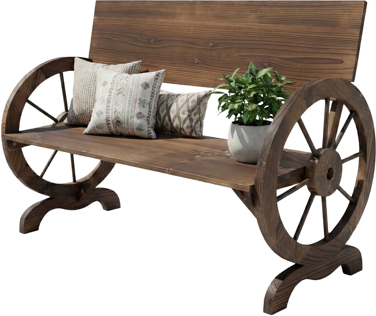 Tuinbank - wieldesign / wagenwiel - 114 cm breed - tot 150 kg - donkerbruin hout
