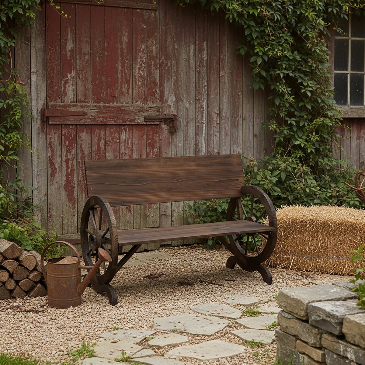 Tuinbank - wieldesign / wagenwiel - 114 cm breed - tot 150 kg - donkerbruin hout - Afbeelding 2