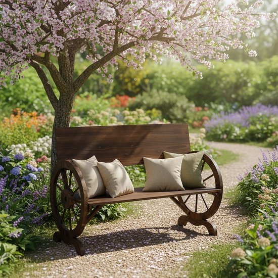 Tuinbank - wieldesign / wagenwiel - 114 cm breed - tot 150 kg - donkerbruin hout - Afbeelding 3