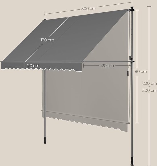 Klemzonwering - zonwering - breedte 300 cm - zonnescherm voor balkon - in hoogte verstelbaar - met zwengel - uitval 120 cm - antraciet - Afbeelding 3