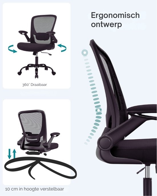 Ergonomische Bureaustoel - opklapbare armleuningen - hoogte verstelbaar- 360° Draaistoel - Zwart - OBN37B - Afbeelding 4
