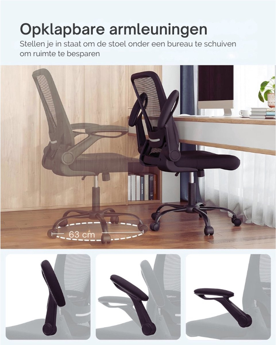 Ergonomische Bureaustoel - opklapbare armleuningen - hoogte verstelbaar- 360° Draaistoel - Zwart - OBN37B - Afbeelding 5