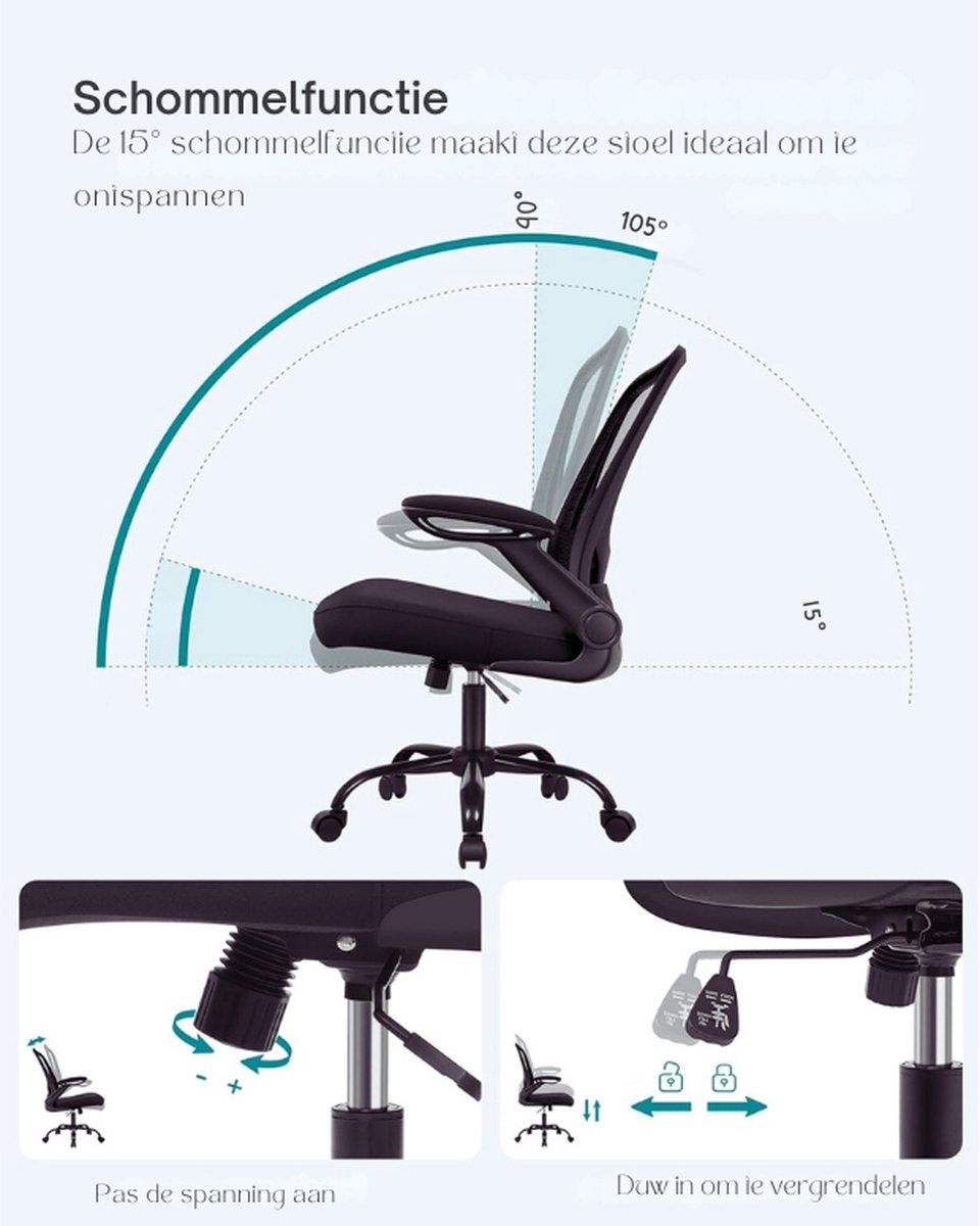 Ergonomische Bureaustoel - opklapbare armleuningen - hoogte verstelbaar- 360° Draaistoel - Zwart - OBN37B - Afbeelding 6