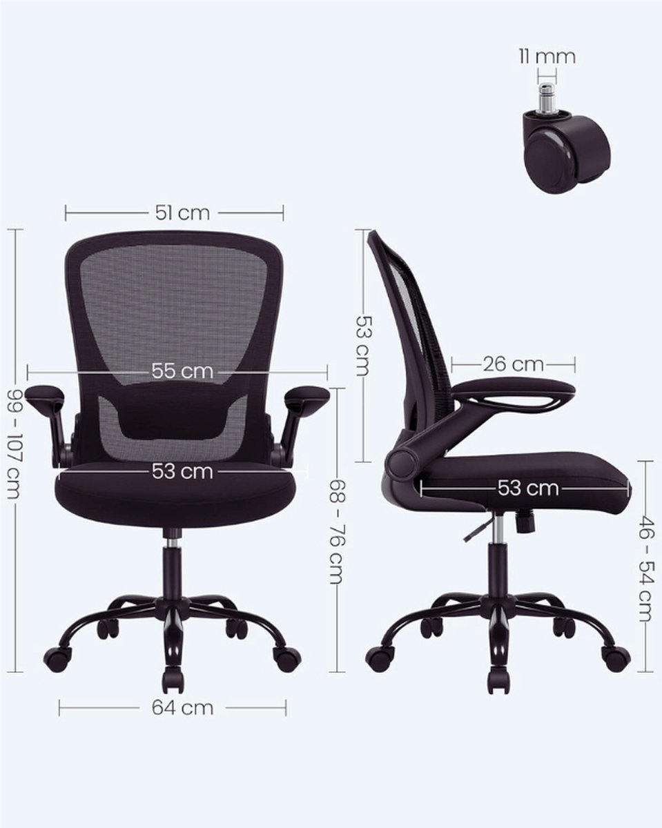 Ergonomische Bureaustoel - opklapbare armleuningen - hoogte verstelbaar- 360° Draaistoel - Zwart - OBN37B - Afbeelding 8