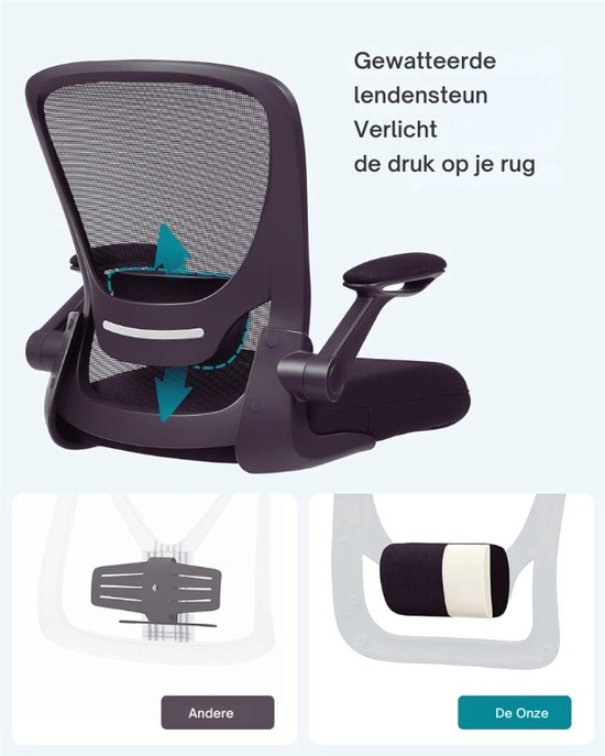Ergonomische Bureaustoel - opklapbare armleuningen - hoogte verstelbaar- 360° Draaistoel - Zwart - OBN37B - Afbeelding 9