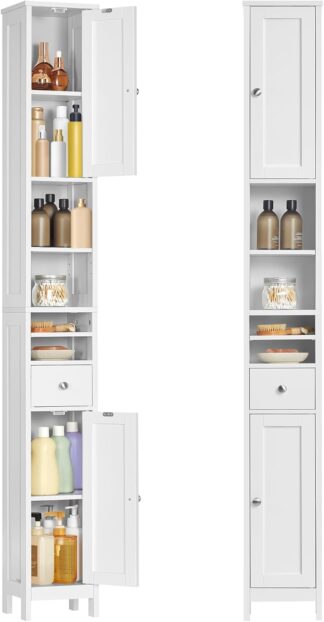 Badkamerkast - smalle opbergkast - 180 cm hoog - verstelbare planken - lade en open compartimenten - wit - BBC765W