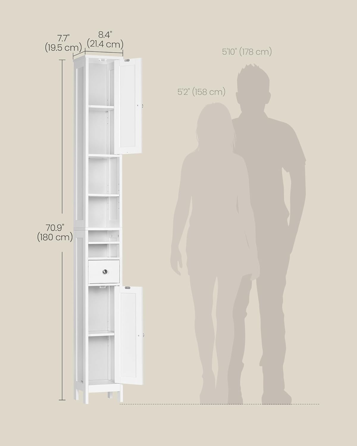 Badkamerkast - smalle opbergkast - 180 cm hoog - verstelbare planken - lade en open compartimenten - wit - BBC765W - Afbeelding 3
