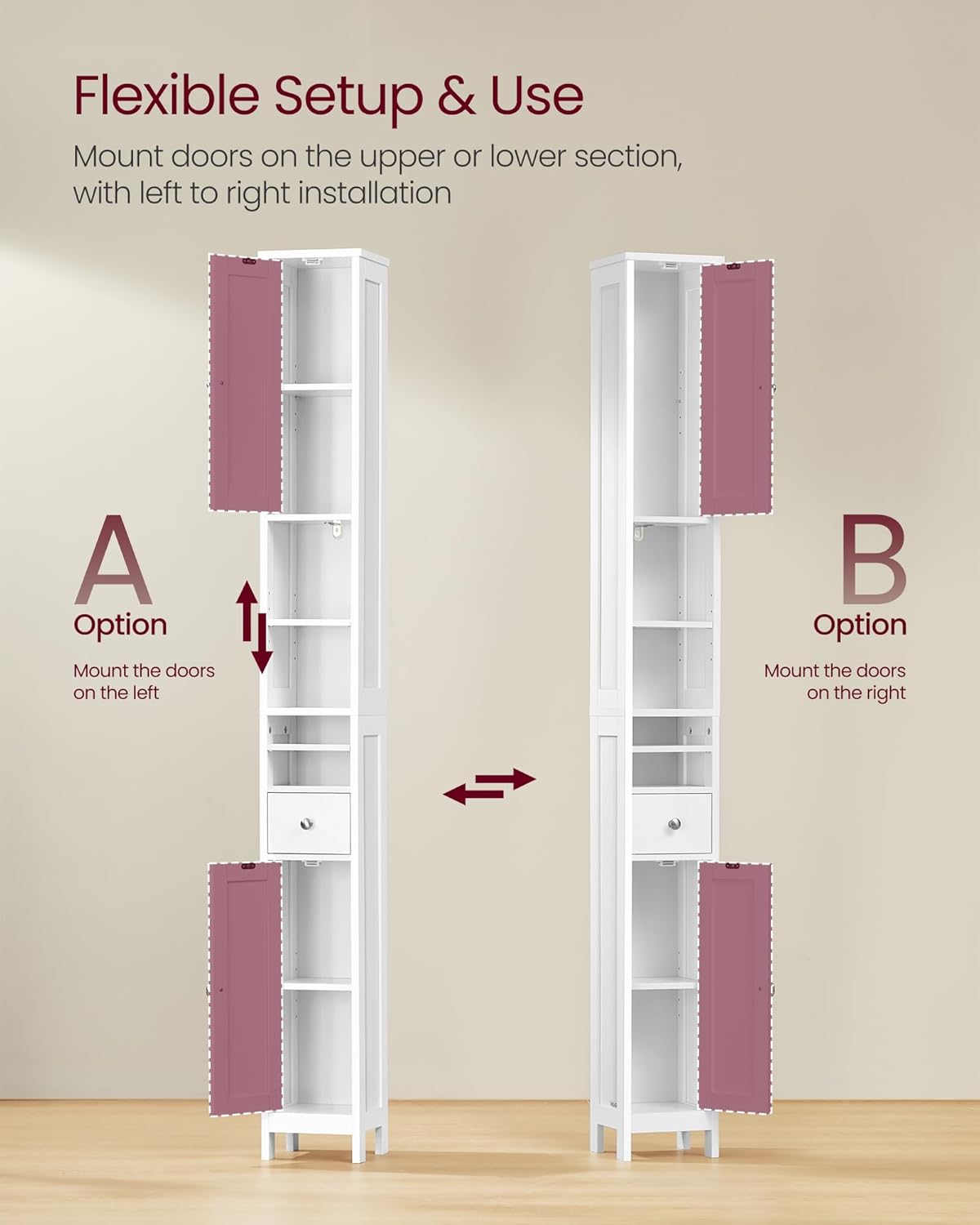 Badkamerkast - smalle opbergkast - 180 cm hoog - verstelbare planken - lade en open compartimenten - wit - BBC765W - Afbeelding 4