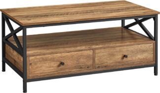 Salontafel - met 2x lade en plank - lengte 100 cm - X-vormig frame - industrieel - bruin en zwart - LCT201B41