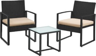 Tuinset - balkonset - tuinset voor balkon en tuin - 3-delig - opvouwbaar - 1 tafel met 2 stoelen - terrasmeubelen- rattan - zwart beige - GGF010WZ