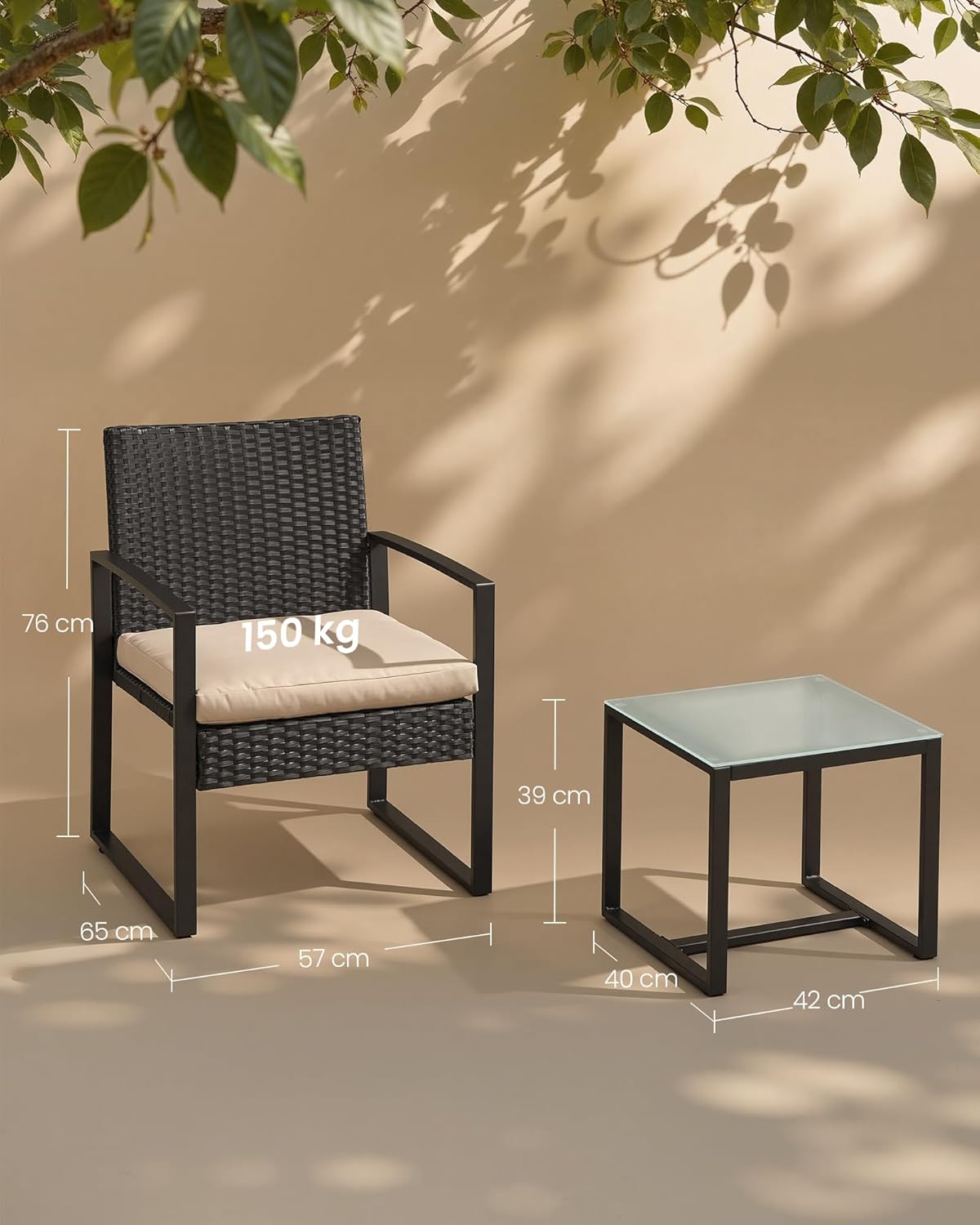 Tuinset - balkonset - tuinset voor balkon en tuin - 3-delig - opvouwbaar - 1 tafel met 2 stoelen - terrasmeubelen- rattan - zwart beige - GGF010WZ - Afbeelding 5