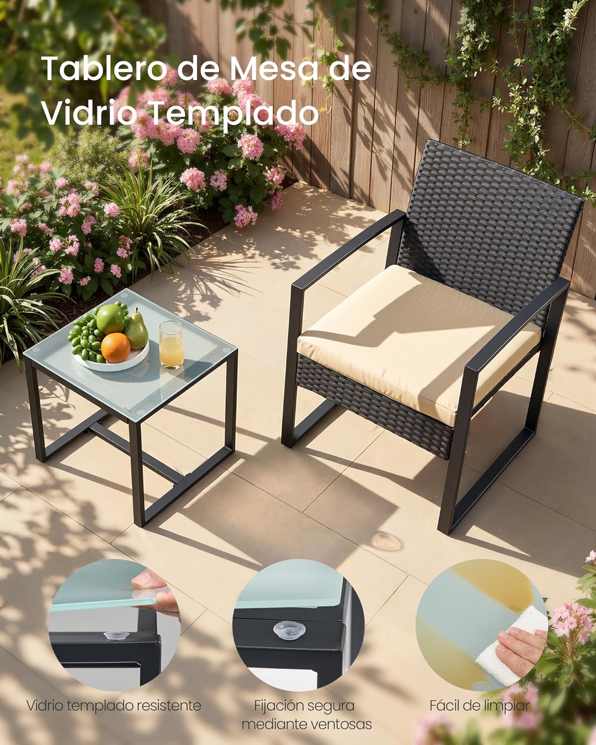 Tuinset - balkonset - tuinset voor balkon en tuin - 3-delig - opvouwbaar - 1 tafel met 2 stoelen - terrasmeubelen- rattan - zwart beige - GGF010WZ - Afbeelding 6