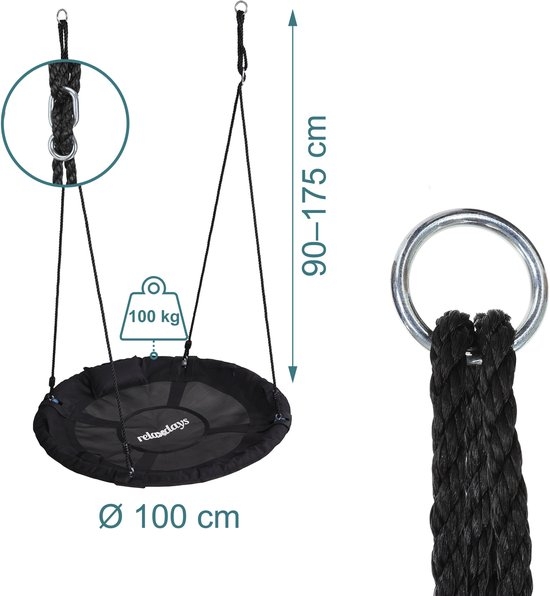 XL schommel - Nestschommel met kussen - diameter 100 cm - tot 100 kg - zwart - Afbeelding 5