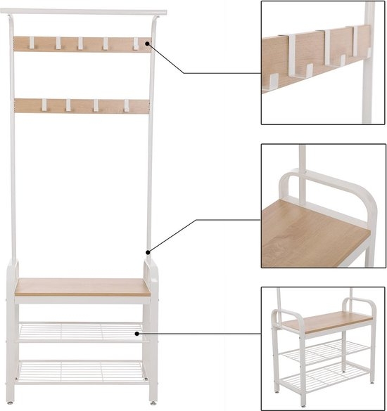 Kapstokmeubel met schoenenrek en bank - kledingrek met 9 verwijderbare haken - 183 cm hoog - industrieel - crème HSR40W - Afbeelding 2