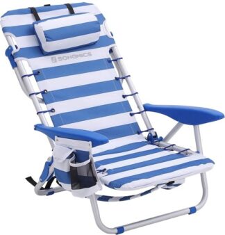 Strandstoel, campingstoel, inklapbaar, met schouderriem, verstelbare rugleuning, hoofdsteun, armleuning, 2 zijvakken - GCB62B