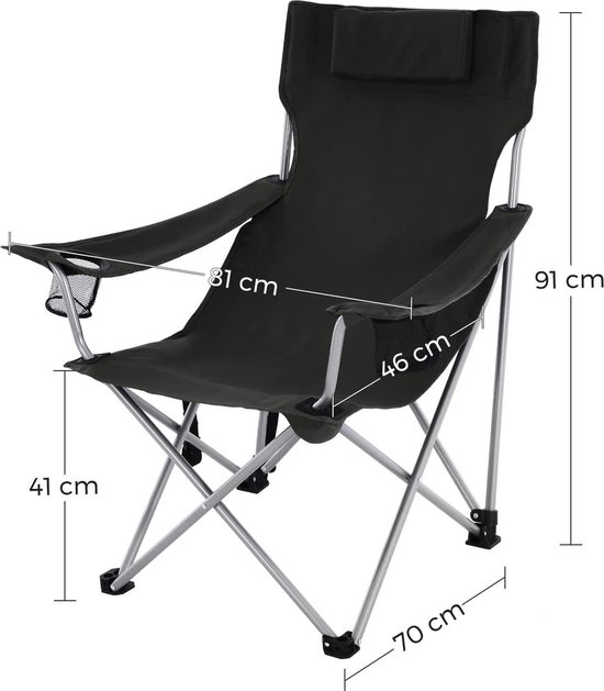 Inklapbare campingstoel met armleuningen hoofdsteun en bekerhouder - stabiele structuur - maximale capaciteit 150 kg - zwart - GCB09B - 81 x 70 x 91 cm - Afbeelding 4