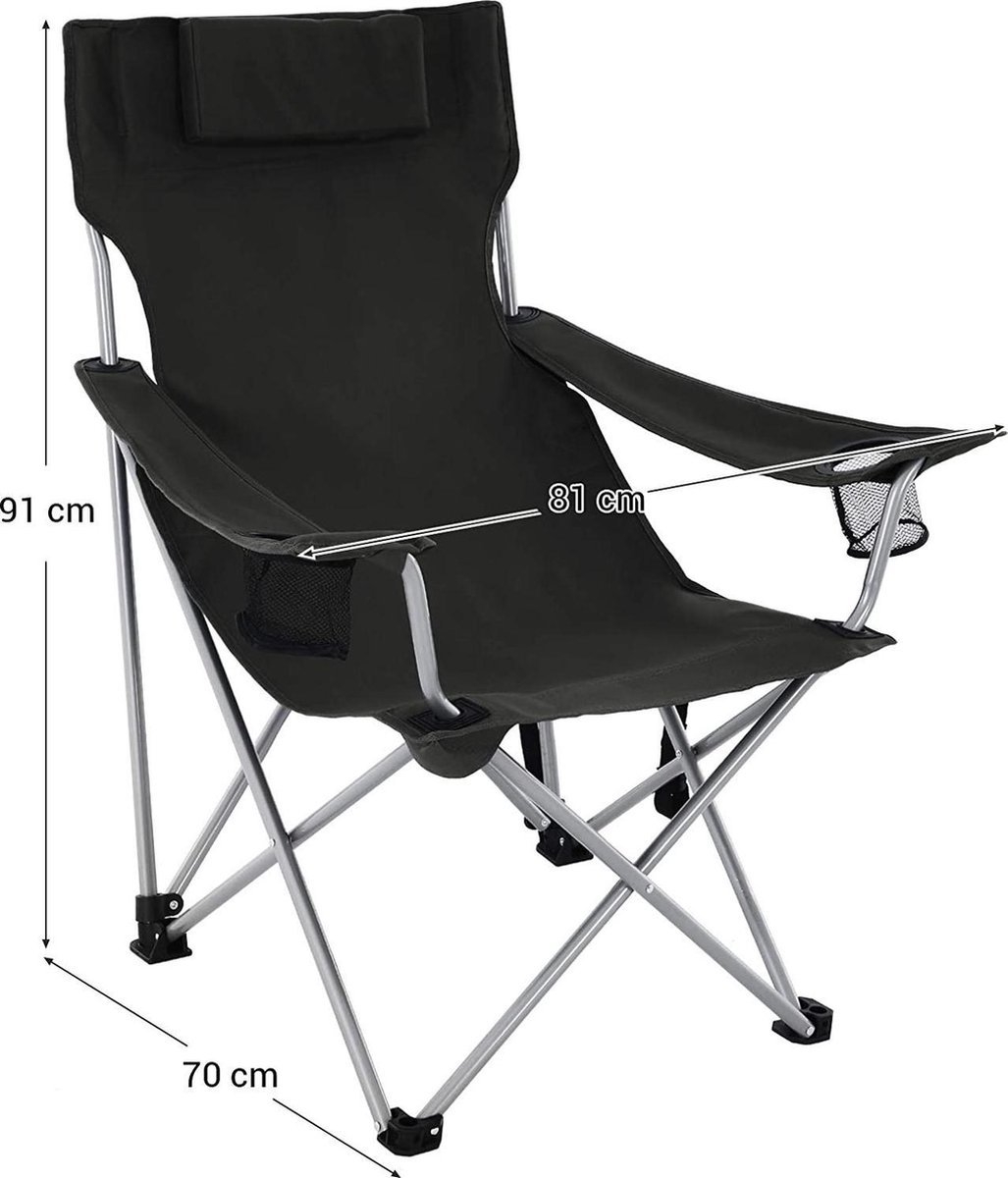 Inklapbare campingstoel met armleuningen hoofdsteun en bekerhouder - stabiele structuur - maximale capaciteit 150 kg - zwart - GCB09B - 81 x 70 x 91 cm - Afbeelding 8