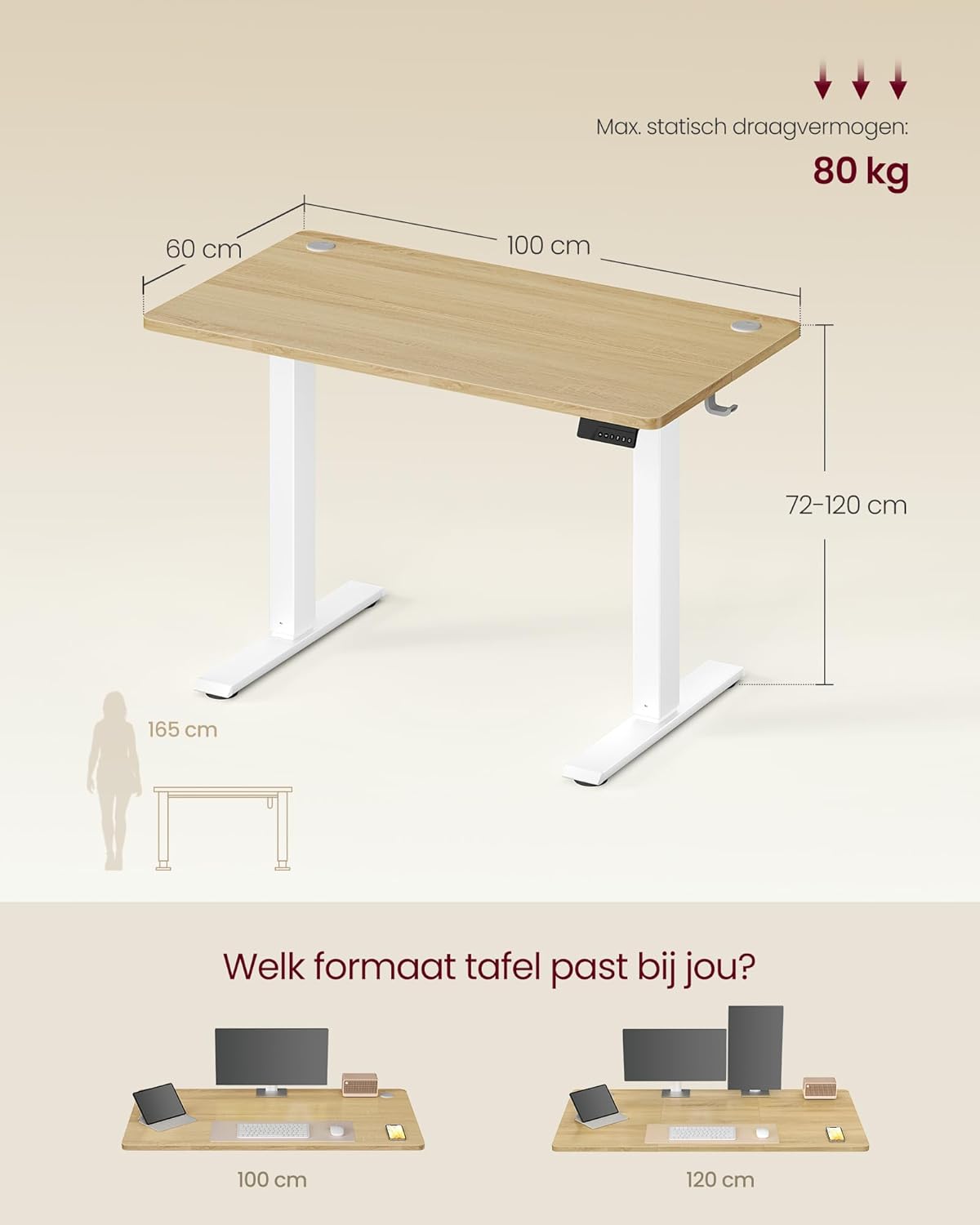 Zit sta bureau 100x60 cm - hoogte verstelbaar 72 t/m 120 cm - elektrisch - wit bruin - LSD310YA03 - Afbeelding 2