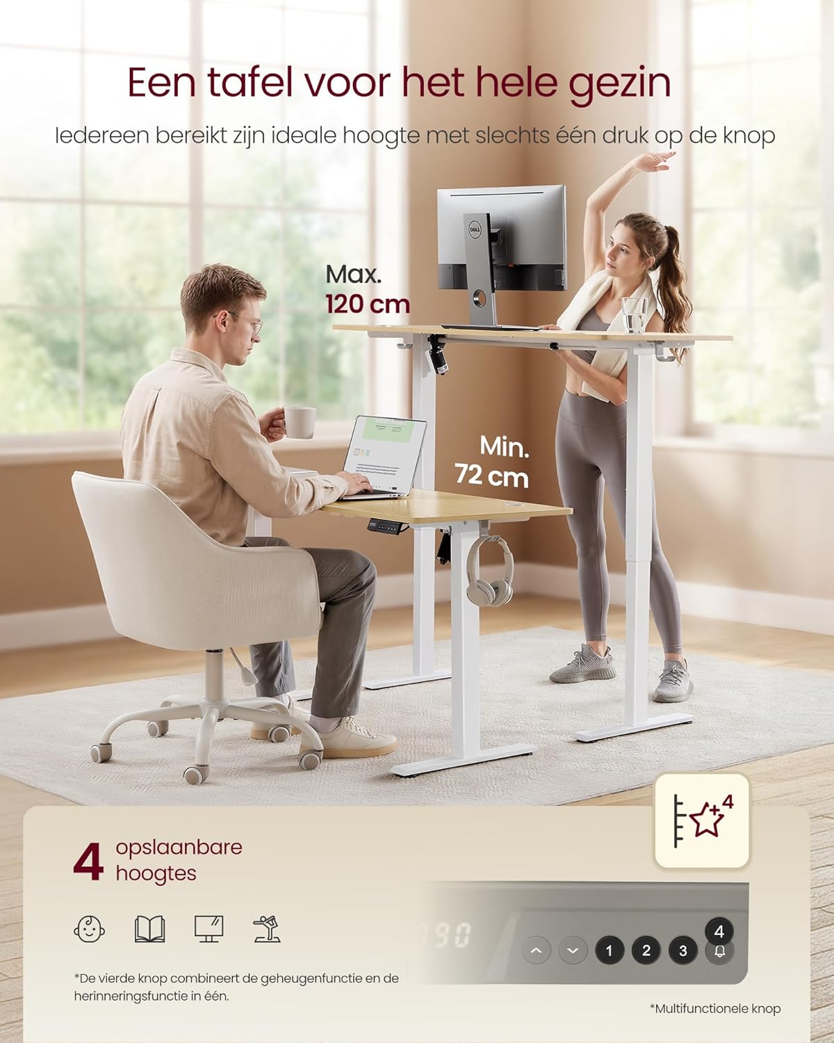Zit sta bureau 100x60 cm - hoogte verstelbaar 72 t/m 120 cm - elektrisch - wit bruin - LSD310YA03 - Afbeelding 3