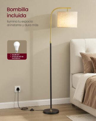 Staande lamp - hoogte verstelbaar van 150 tot 175 cm voetschakelaar - stoffen lampenkap - fitting E27 - goud en zwart - LFL006bd