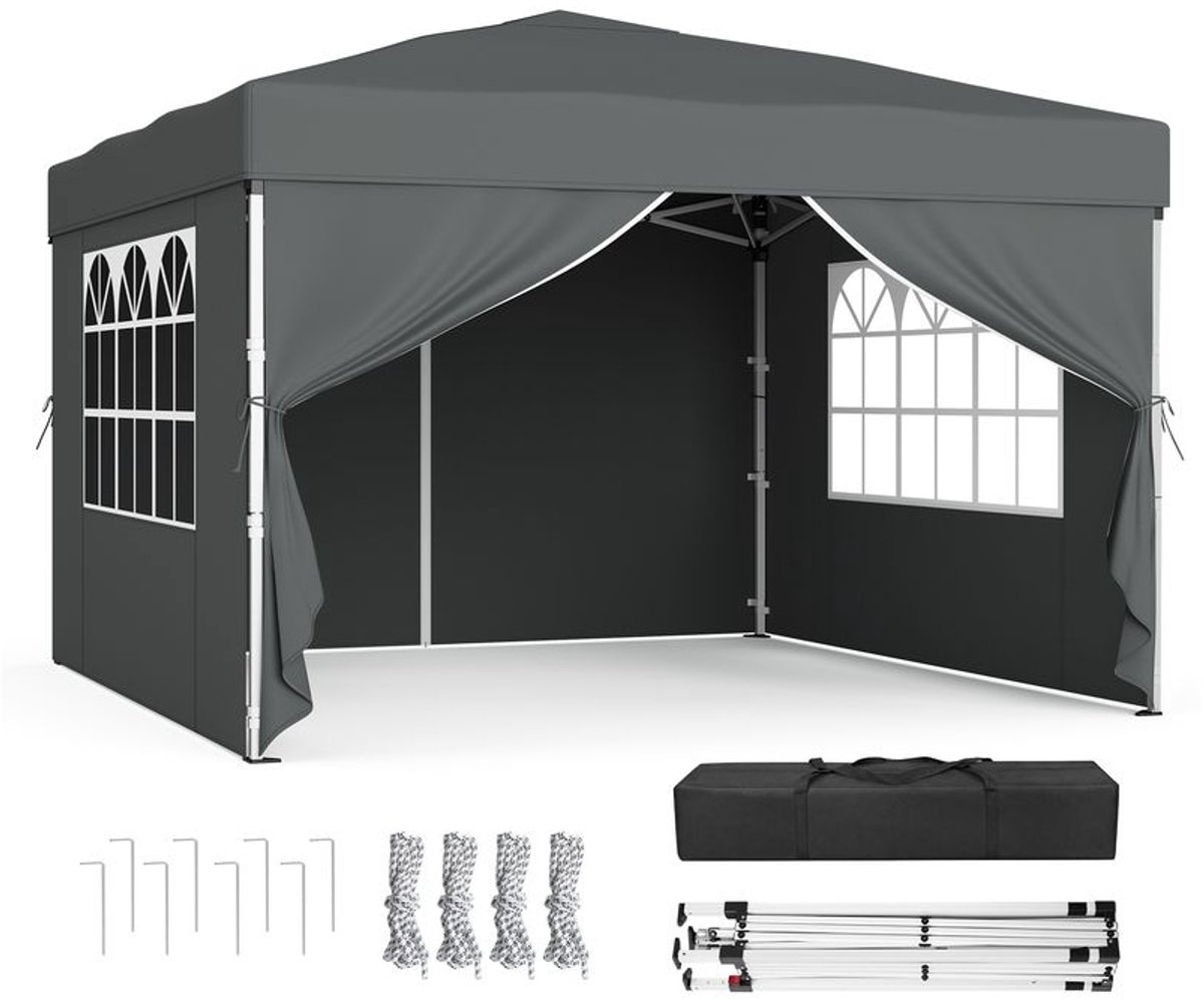 Partytent - vouwpaviljoen 3x3 m - met zijwanden - voor tuin en feesten met 4 zijwanden donkergrijs